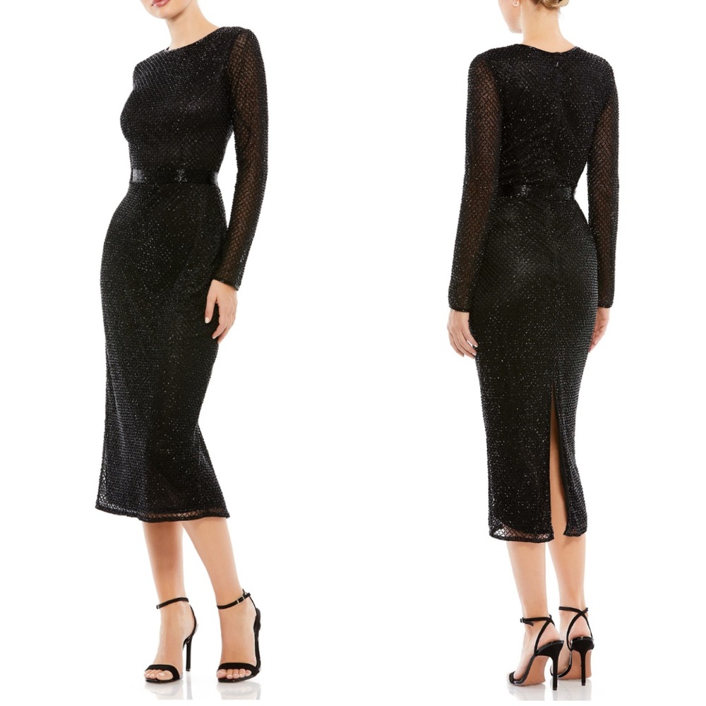 Mac Duggal Black Long Sleeve Sequin Midi Dress
